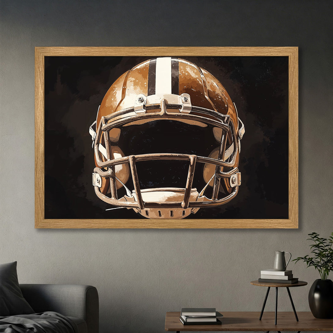 Framed Poster featuring a football helmet in a vintage style, with a brown and black color palette. Perfect wall art for sports fans!