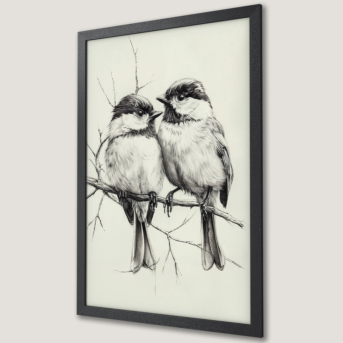 Framed Poster featuring a detailed pencil sketch of two birds on a branch. Elegant, monochrome art with a neutral color palette.