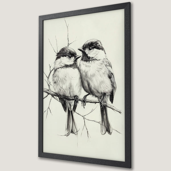 Framed Poster featuring a detailed pencil sketch of two birds on a branch. Elegant, monochrome art with a neutral color palette.