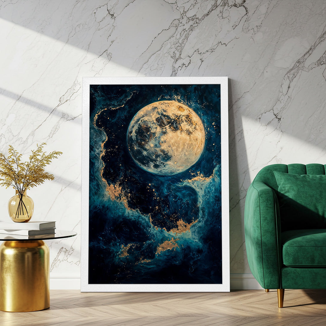 Framed Poster featuring a celestial moon with a dark blue and gold color palette. Perfect for home decor!