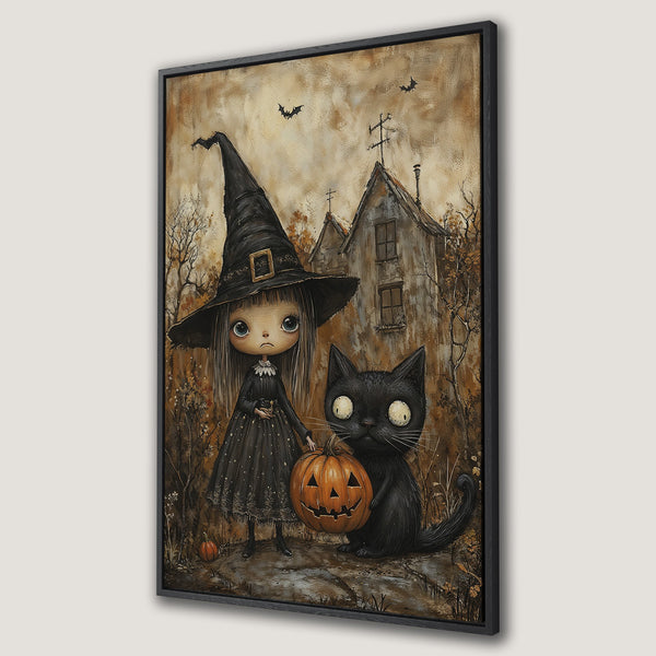 Framed Wall Art: Spooky Halloween witch with black cat and pumpkin, in a whimsical, vintage style. Earthy tones create a cozy, gothic vibe. Perfect for fall decor!