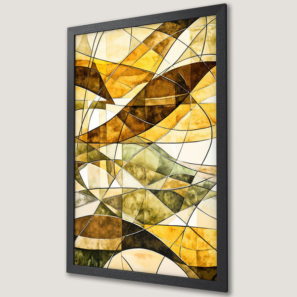 Framed Poster featuring abstract geometric art in warm yellow, brown, and green tones. Modern wall art for your home decor.