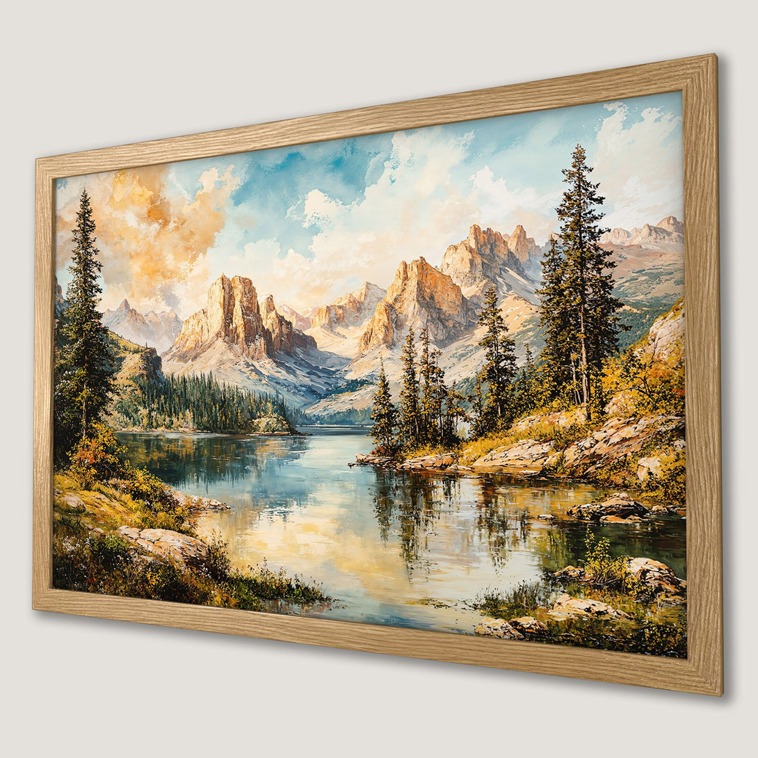 Framed Poster of a scenic mountain lake landscape painting, featuring warm earth tones and a classic art style. Perfect wall decor!