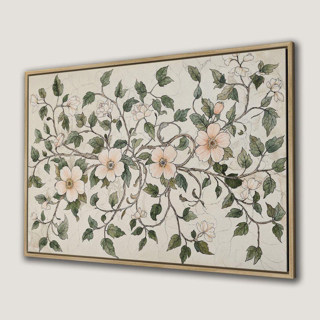 Framed Wall Art featuring a floral botanical design in soft pastel colors. Elegant canvas print perfect for adding a touch of nature to any room.