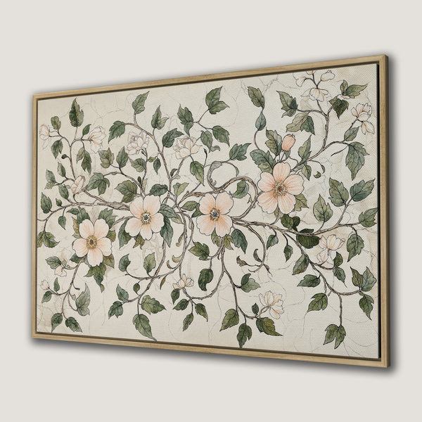 Framed Wall Art featuring a floral botanical design in soft pastel colors. Elegant canvas print perfect for adding a touch of nature to any room.