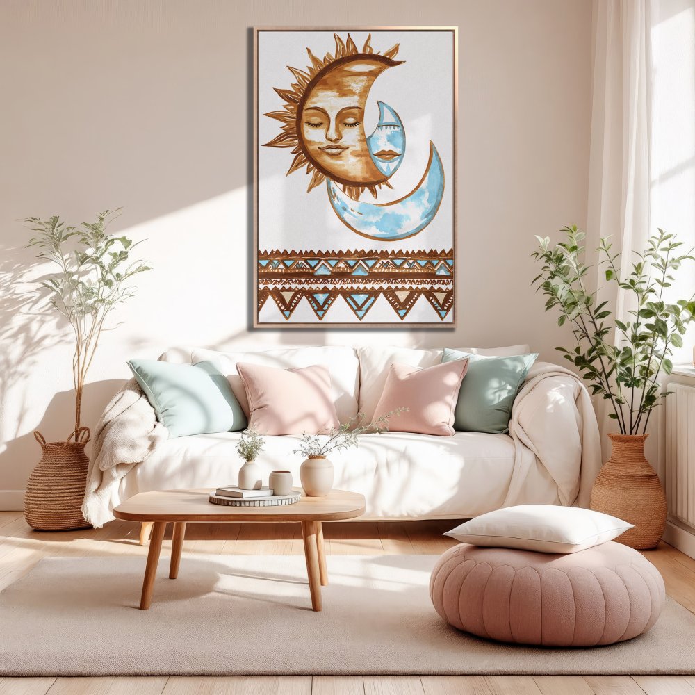 Framed Wall Art featuring a sun and moon illustration in warm brown and blue tones, perfect for boho decor.