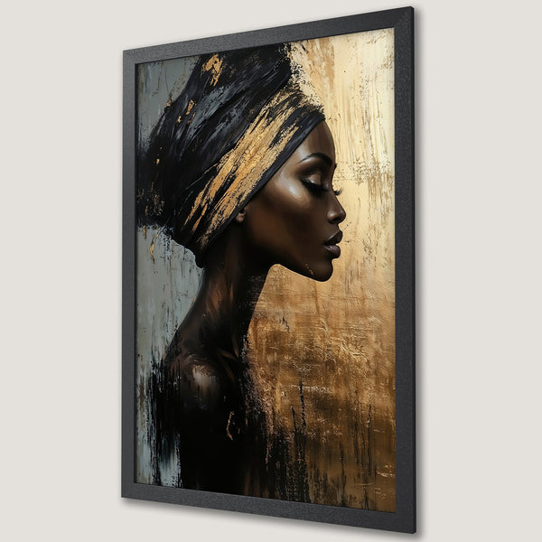 Framed Poster featuring a beautiful Black woman in an abstract style with a gold and black color palette. Add elegance to your space!