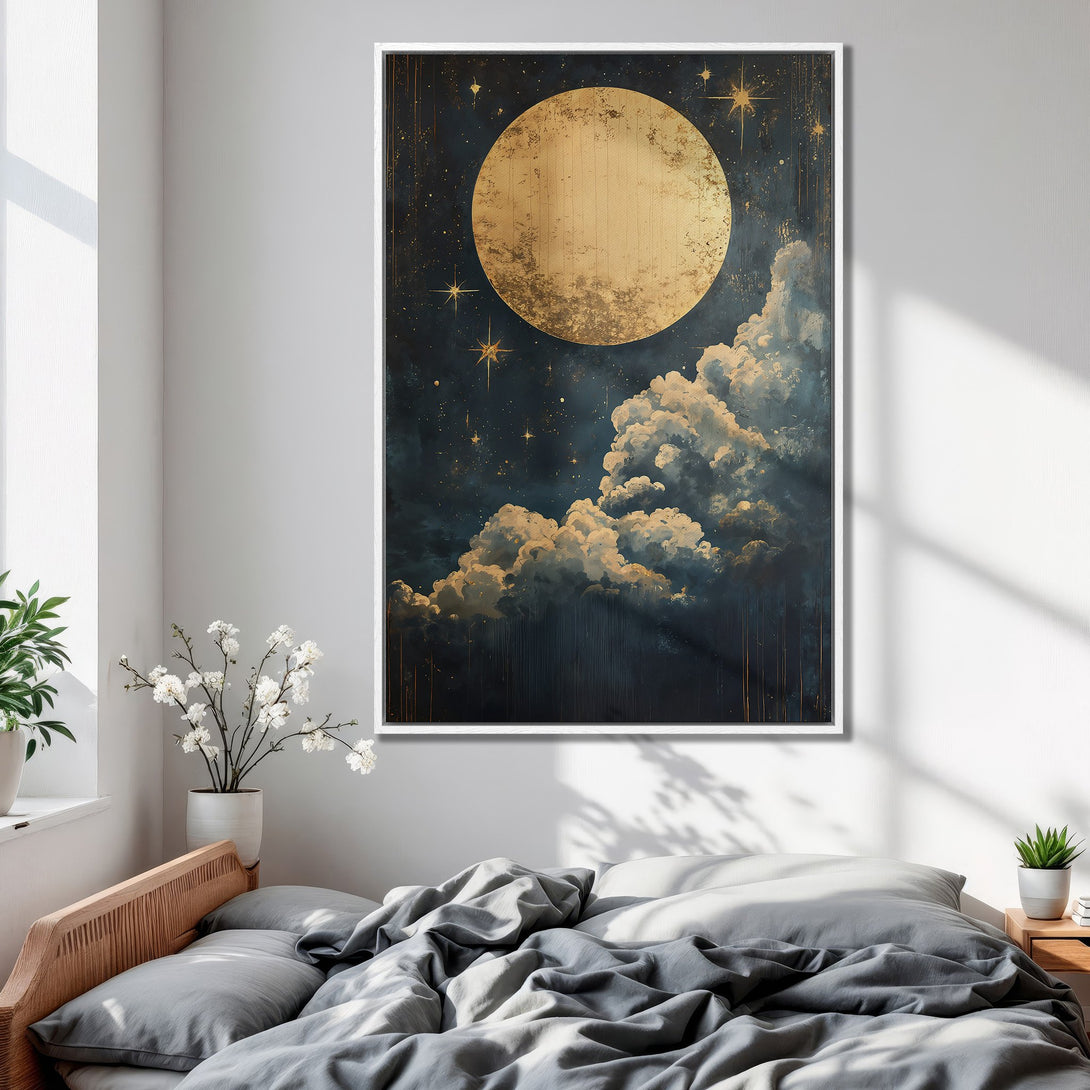 Framed Wall Art: Celestial moon and cloud canvas print in a bedroom. Dark blue and gold color palette, perfect for adding a touch of art to your space.