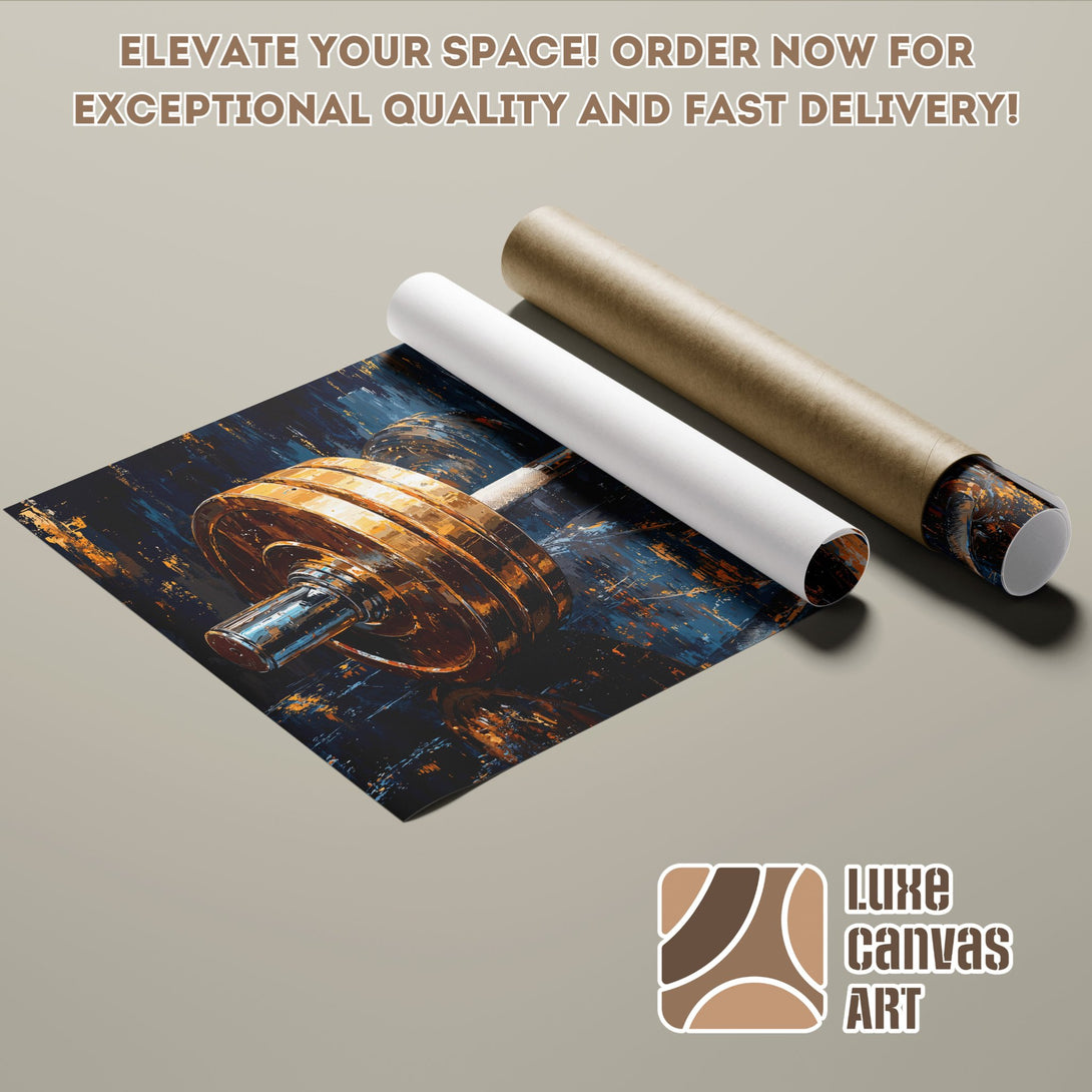 Abstract dumbbell art Poster Roll, blue and gold color palette. Elevate your space with Luxe Canvas Art!