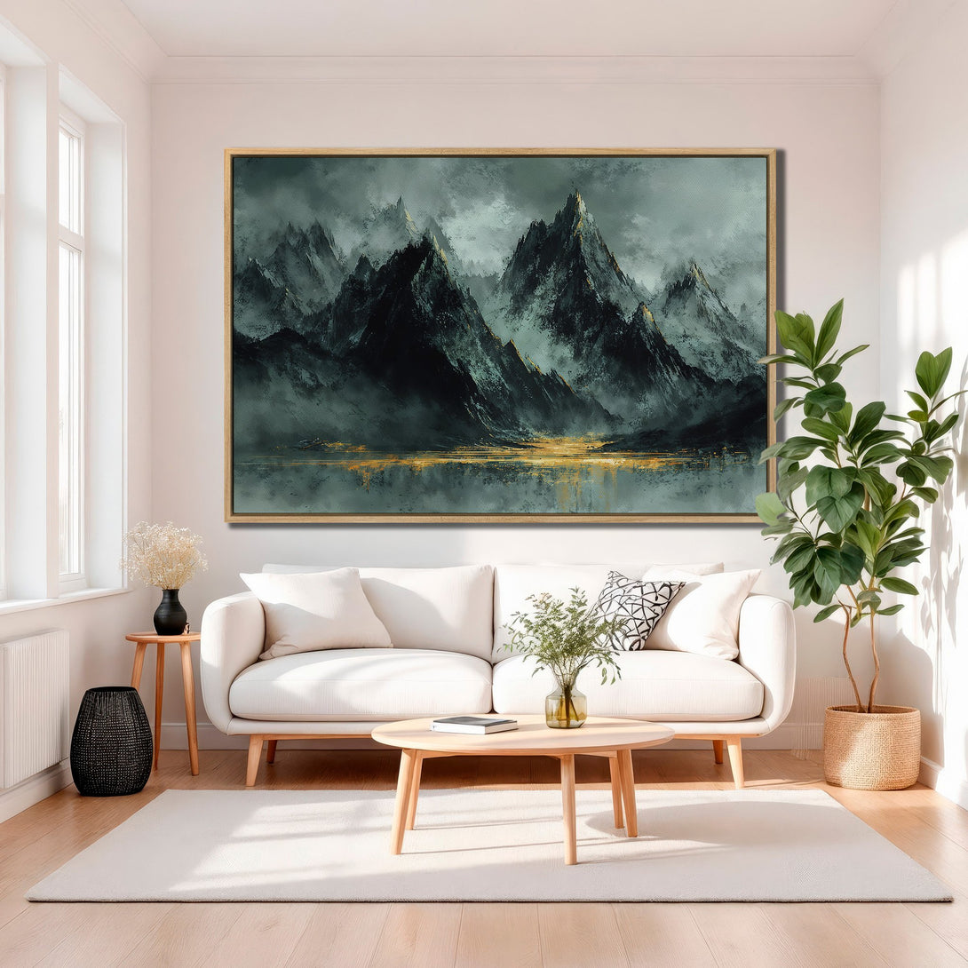 Framed Wall Art: Dramatic mountain landscape Canvas Print in moody teal and gold tones. Elevate your space with this stunning, modern art piece.