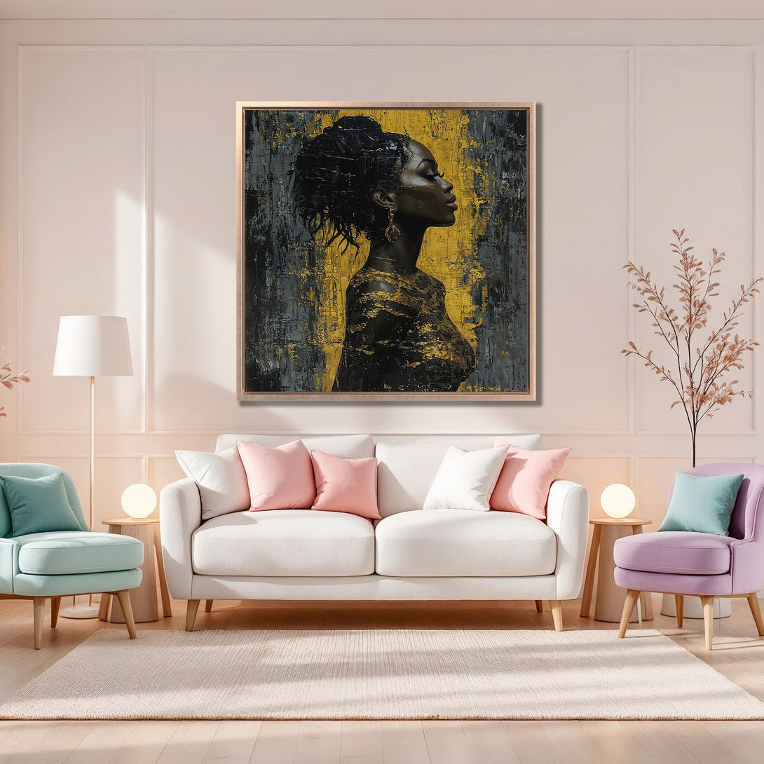 Framed Wall Art featuring a striking black and gold portrait of a woman. Modern art canvas print with a sophisticated color palette, perfect for home decor.