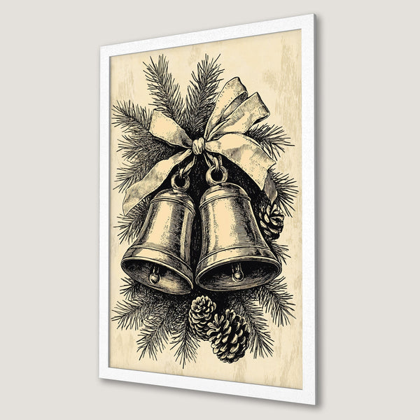 Framed Poster featuring vintage Christmas bells illustration. Black and beige color palette, perfect holiday decor.
