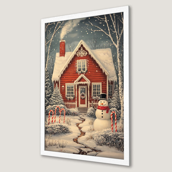 Framed Poster of a cozy winter scene with a red house, snowman, and snowy landscape. Charming, vintage style, warm red and cool blue palette.
