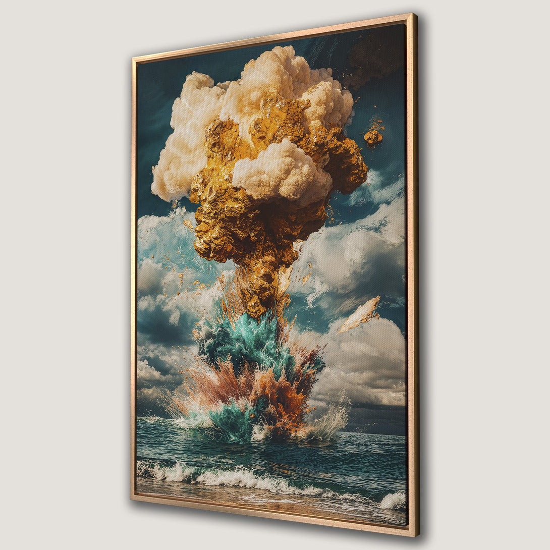 Framed Wall Art: Abstract ocean explosion in gold, teal, and brown. Dramatic canvas print for modern home decor.