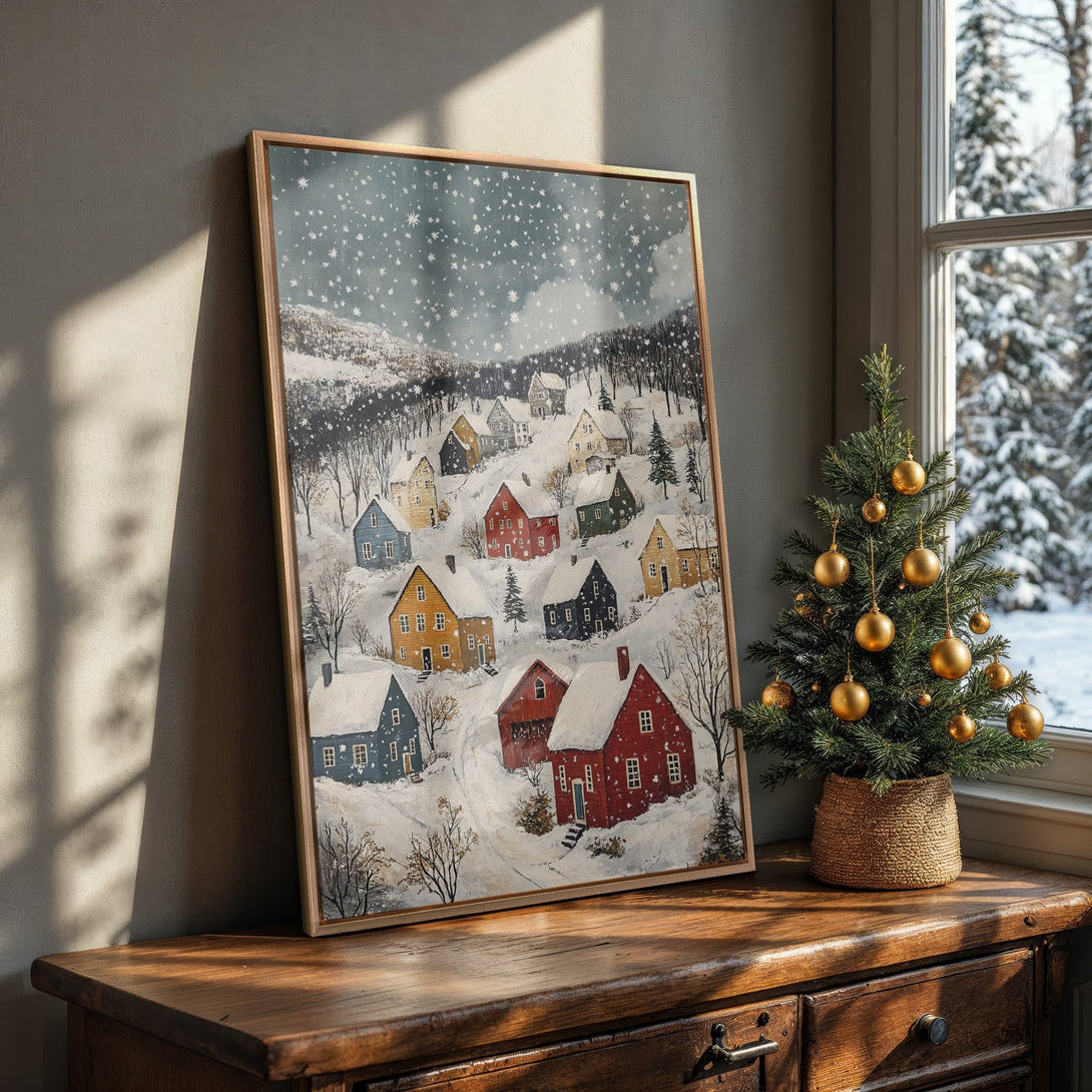Framed Wall Art: Winter village scene in a cozy interior. Rustic style with a snowy landscape and a warm, inviting color palette. Perfect for holiday decor.