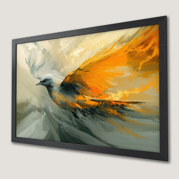 Framed Poster of a bird in flight, abstract style with orange, gray, and yellow hues. Add art to your home!