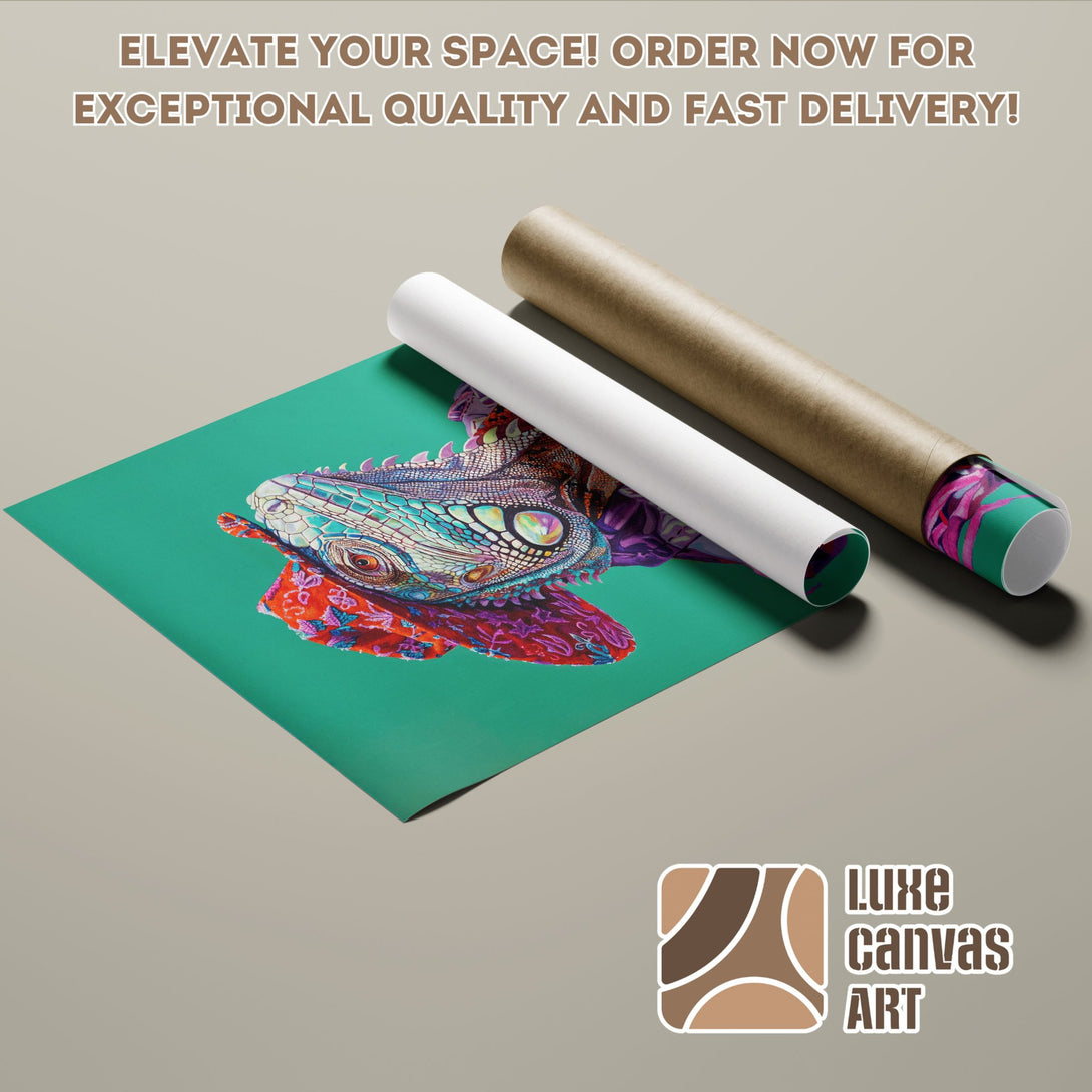 Iguana Poster Roll, vibrant art print with teal, purple, and red color palette. Elevate your space!