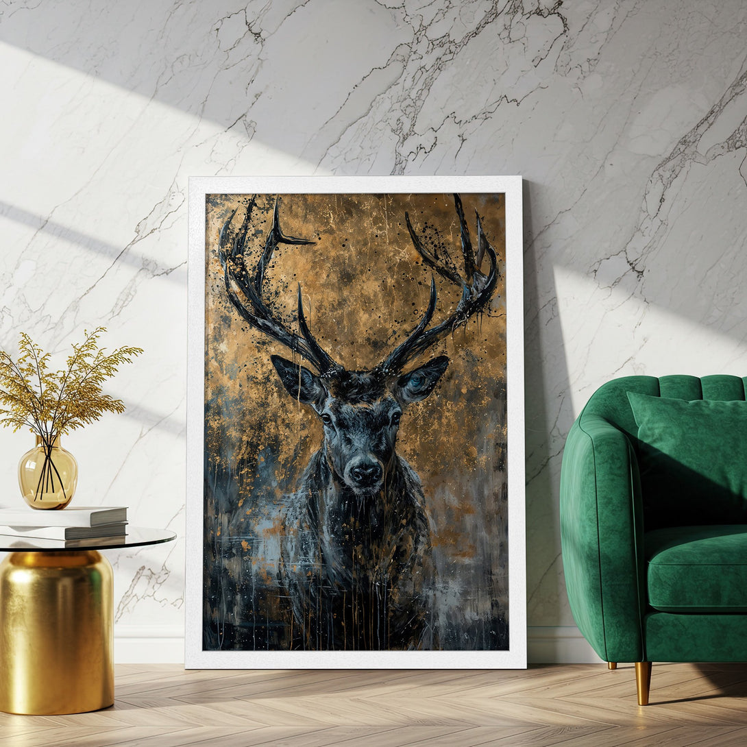 Framed Poster featuring a majestic stag in abstract style, with gold, black, and blue tones. Elevate your space with this stunning art piece!