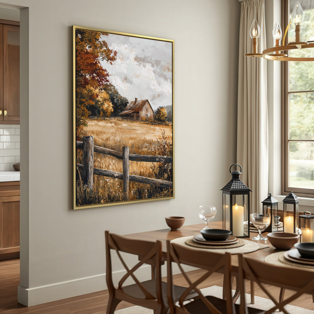Canvas Print of a rustic barn landscape in warm, earthy tones. Perfect farmhouse decor.