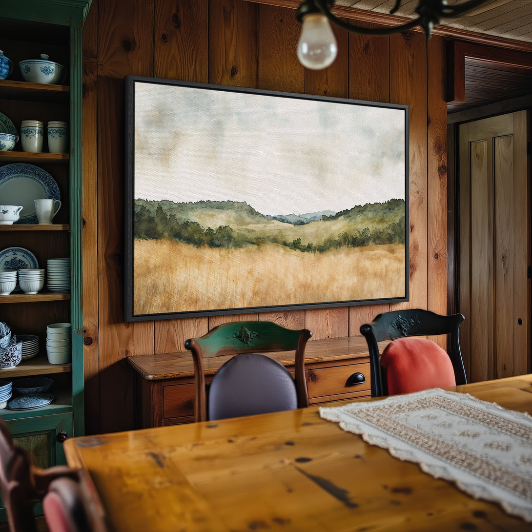 Framed Wall Art: Landscape Canvas Print in warm neutral tones. Rustic style artwork with green, gold, and beige palette, perfect for home decor.