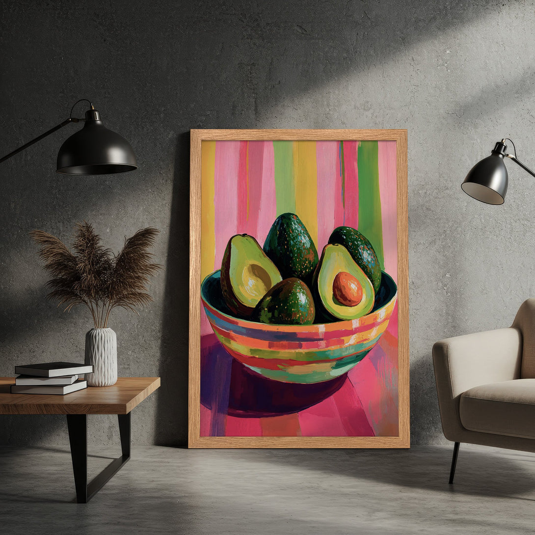 Framed Poster featuring a vibrant still life of avocados in a bowl. Artistic style with a colorful, expressive palette. Perfect wall art!