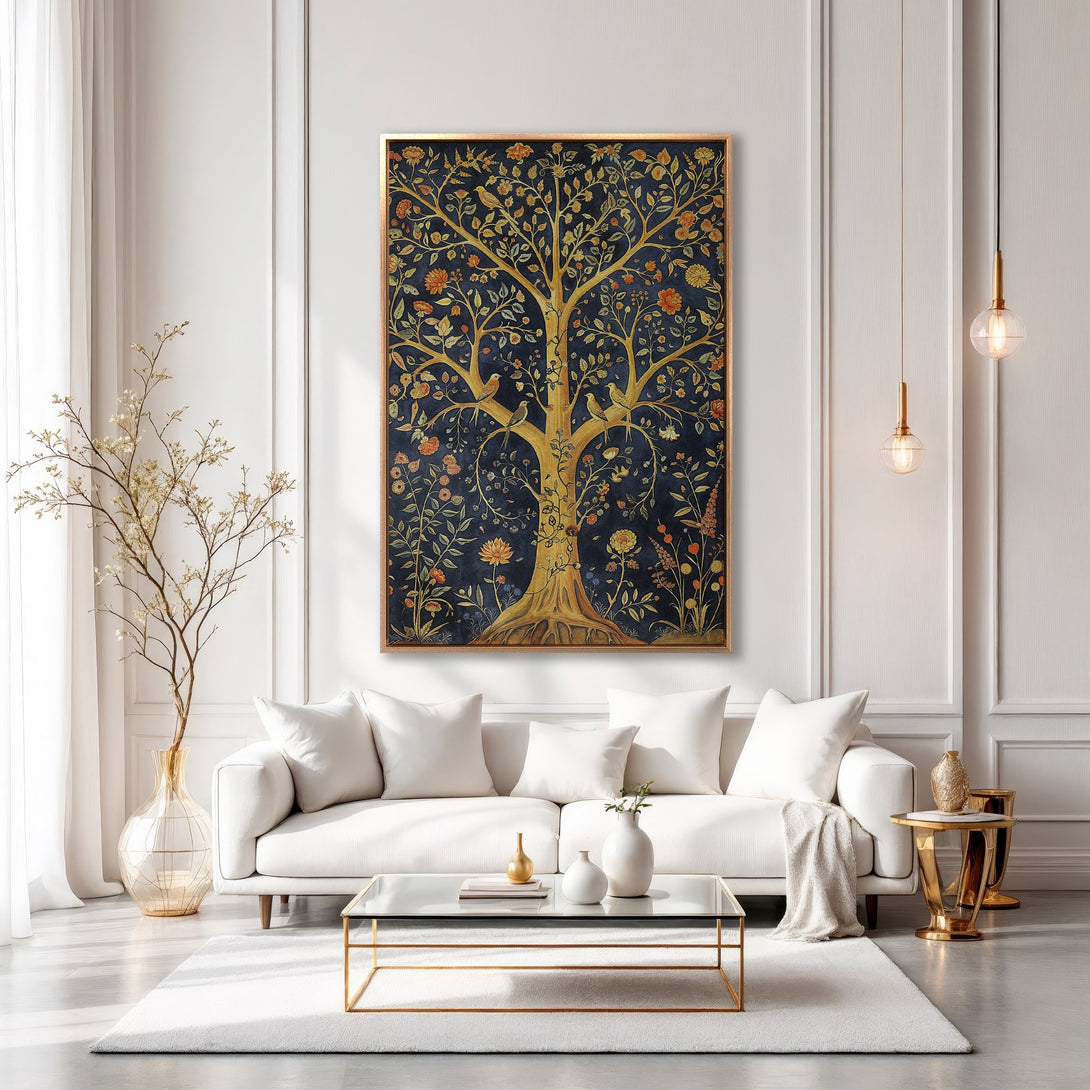 Framed Wall Art: Elegant tree of life design in gold and navy, adding a touch of sophistication to any living room. Shop now for stunning wall decor!