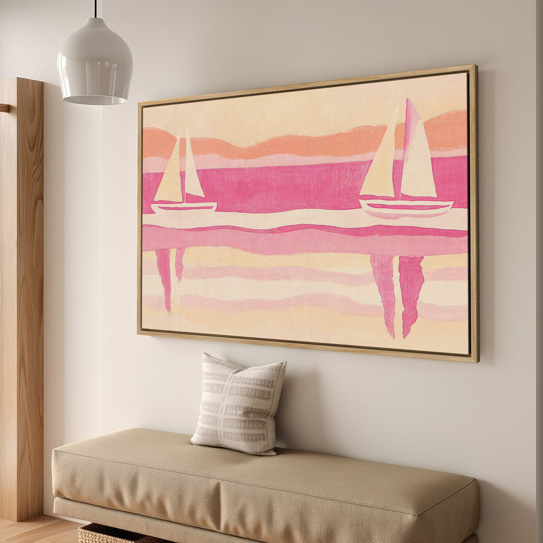 Framed Wall Art: Coastal sailboat scene in pink and beige. Modern, abstract style Canvas Print. Perfect for adding a pop of color to your home decor.