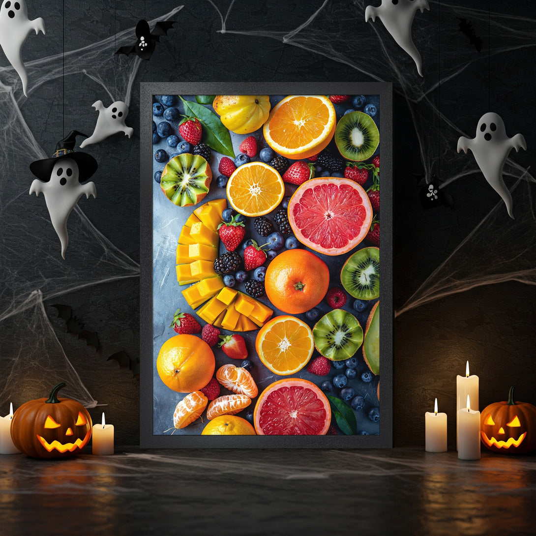 Framed Poster featuring vibrant fruit art in a Halloween setting. Dark background with orange, red, and green color palette. Spooky & delicious!