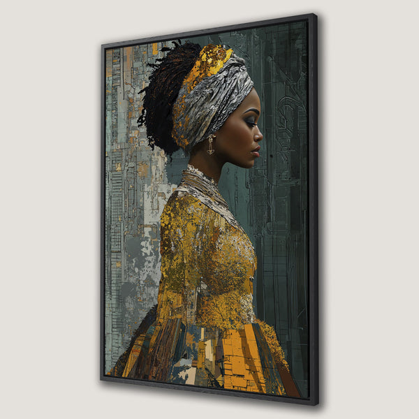 Framed Wall Art: Abstract portrait of a woman in yellow and gray. Modern art Canvas Print with a textured, artistic style.