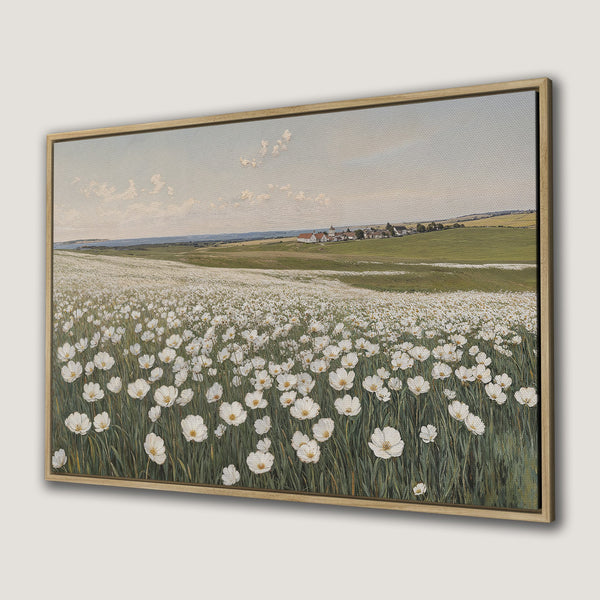 Framed Wall Art featuring a field of white flowers in a vintage style. Soft color palette with greens, whites, and blues. Perfect for adding a touch of nature.