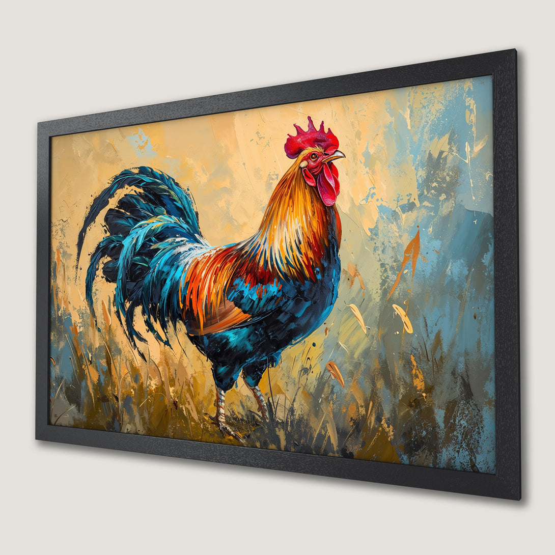 Framed Poster featuring a vibrant rooster in an expressive, painterly style with a warm yellow, blue, and orange color palette.