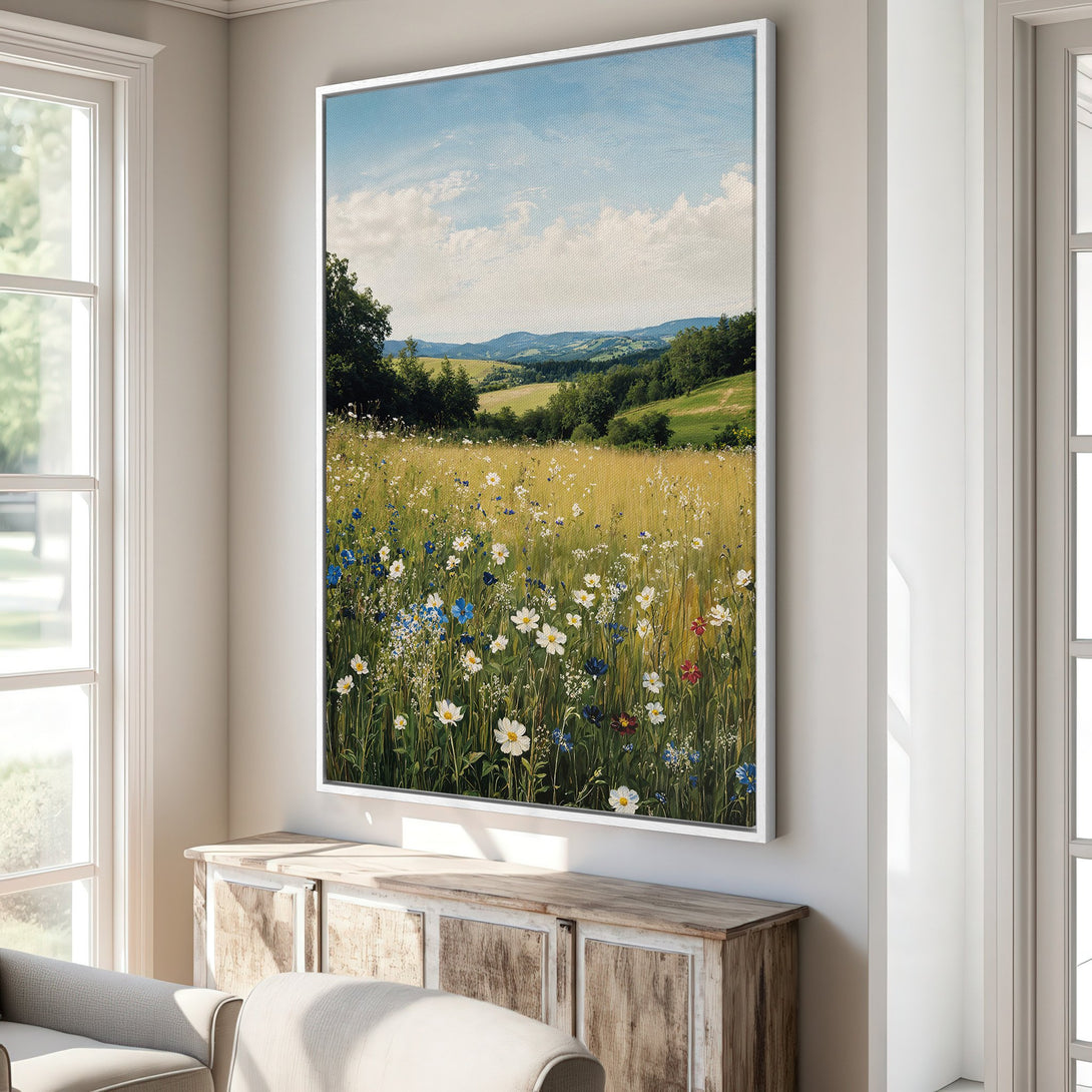 Framed Wall Art: Landscape Canvas Print featuring a vibrant meadow with wildflowers, in a serene, natural color palette. Perfect for adding a touch of nature to your home.