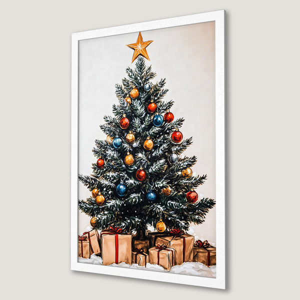 Framed Poster featuring a festive Christmas tree illustration with a warm, watercolor style and a palette of green, red, and gold.