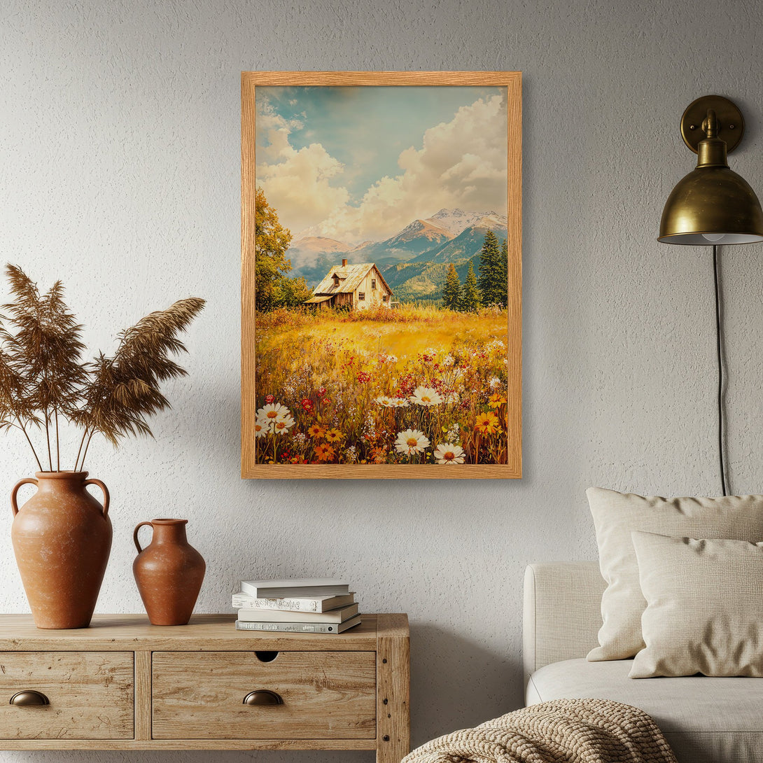 Framed Poster of a serene landscape with a cabin, mountains, & wildflowers. Warm, inviting color palette. Perfect wall art for your home!