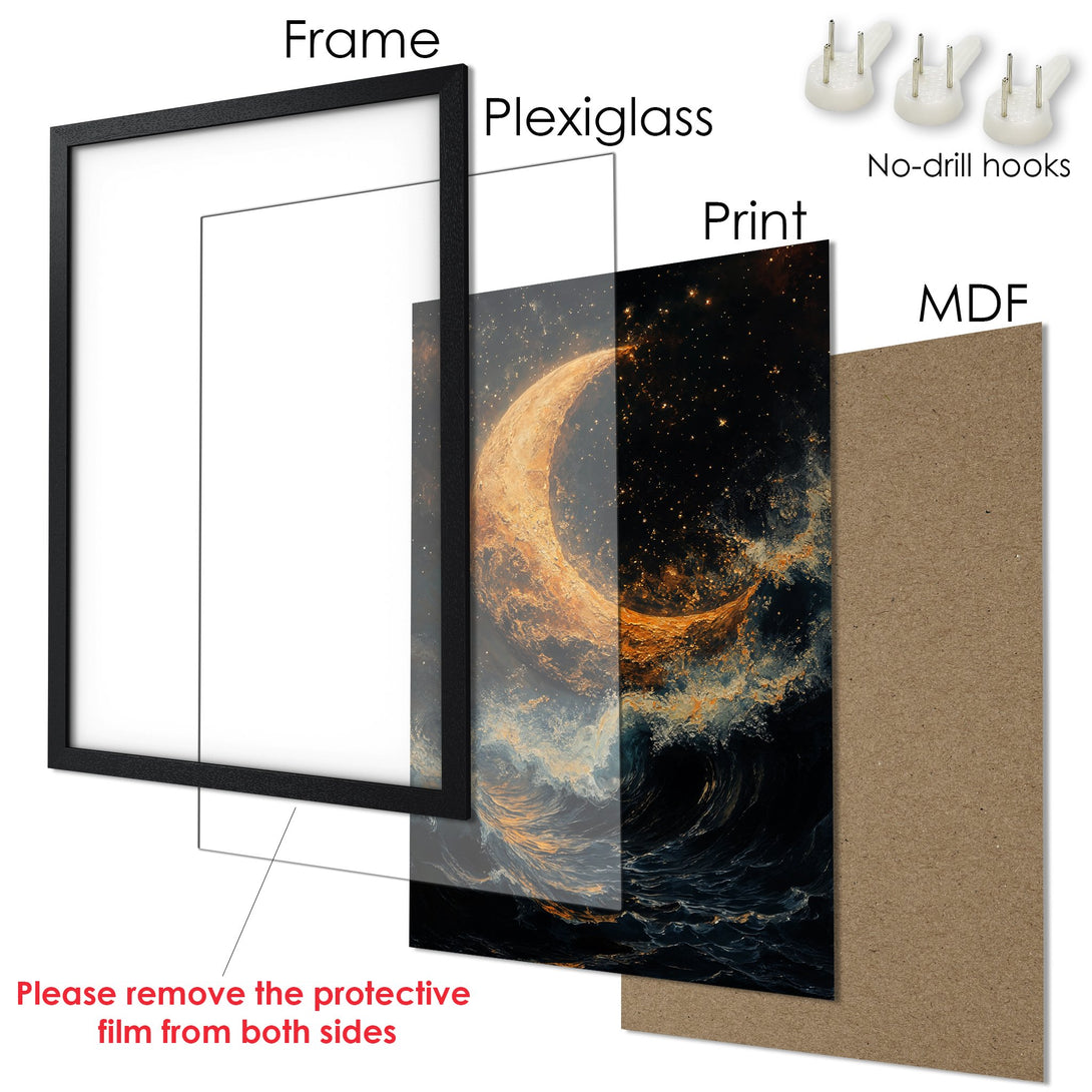 Framed Poster featuring a celestial design with a dark blue and gold color palette. Perfect art for your home!