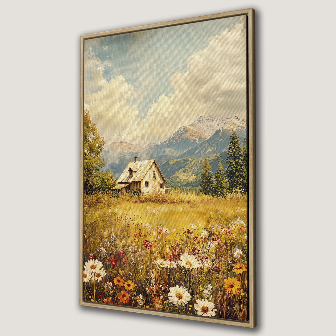 Framed Wall Art: Rustic landscape Canvas Print featuring a cabin in a field of wildflowers, mountains, and a warm, earthy color palette. Perfect for home decor!