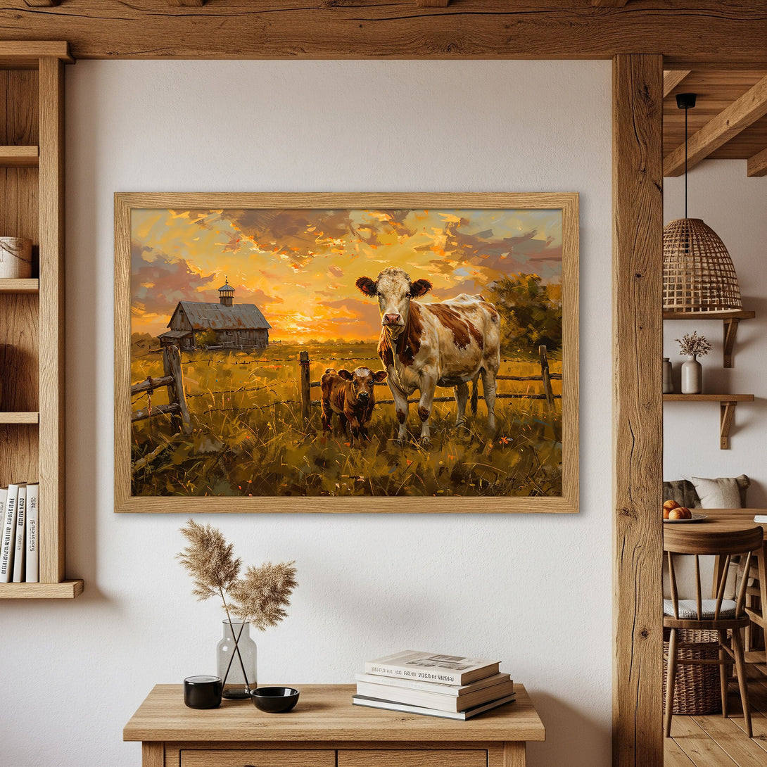 Framed Poster featuring a cow painting in a warm, sunset color palette. Rustic art style perfect for farmhouse decor.