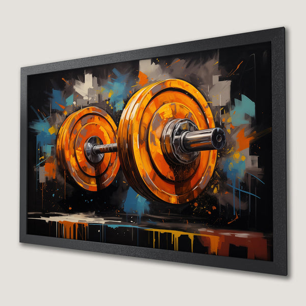 Framed Poster: Abstract barbell art in orange, blue, and black. Perfect for gym decor. Motivational wall art.