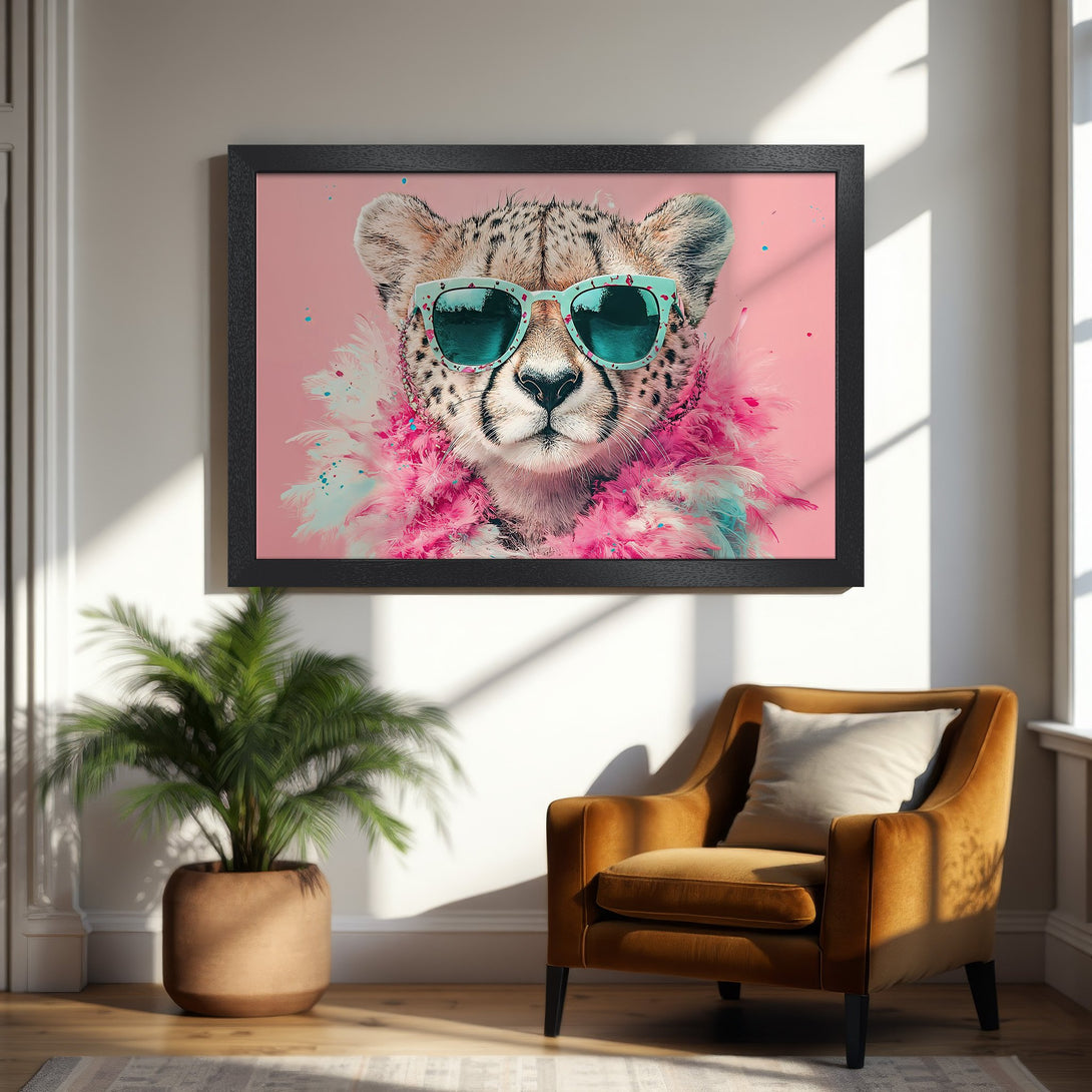 Framed Poster featuring a stylish cheetah with sunglasses, in a vibrant pink and teal color palette. Perfect wall art!
