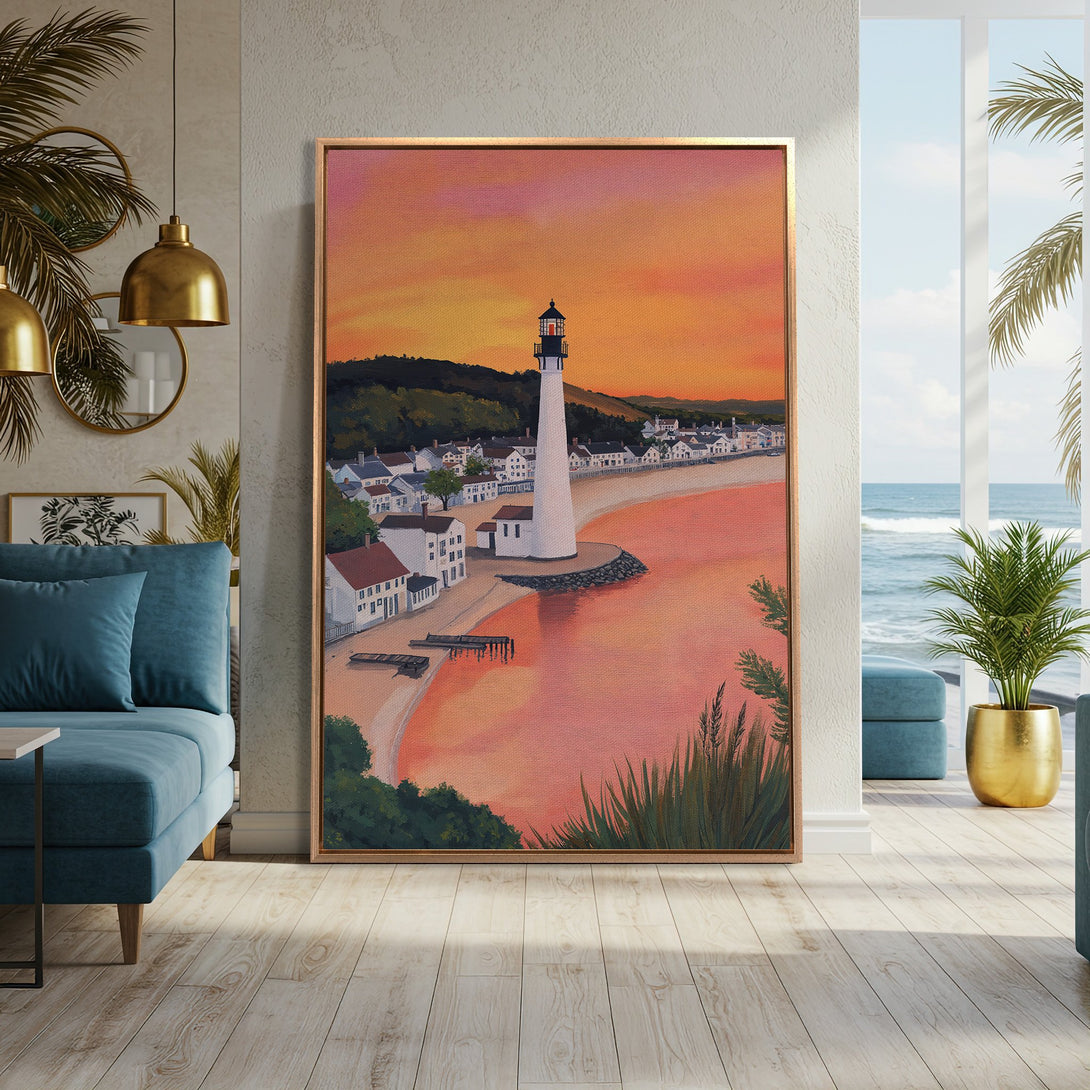 Framed Wall Art featuring a coastal lighthouse scene with an orange and pink sunset. Warm color palette, perfect for adding a touch of serenity to any space.