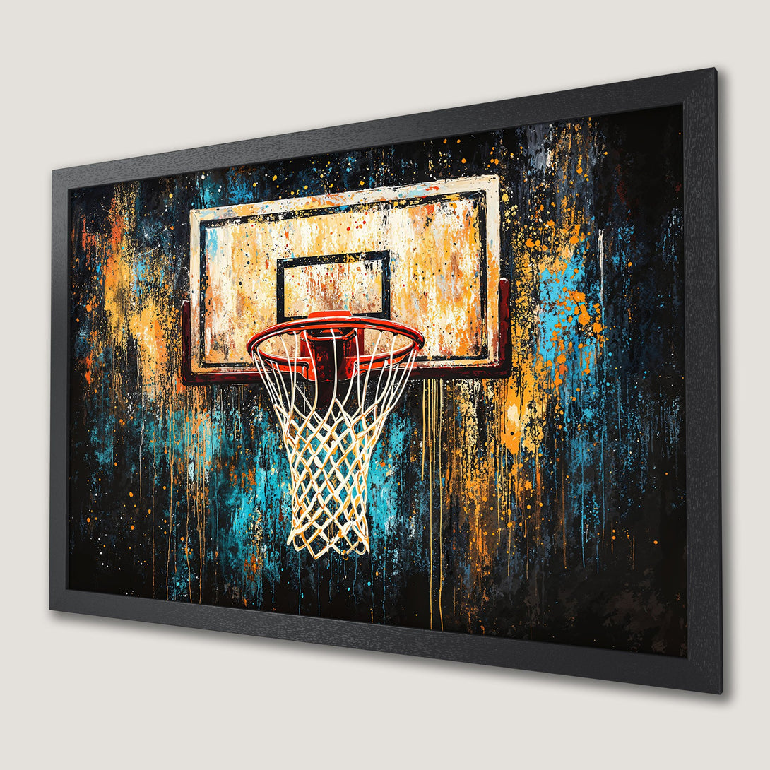 Framed Poster of basketball hoop art in abstract style with a vibrant blue, orange, and black color palette.