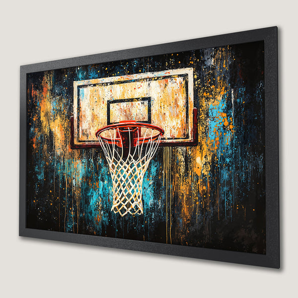 Framed Poster of basketball hoop art in abstract style with a vibrant blue, orange, and black color palette.