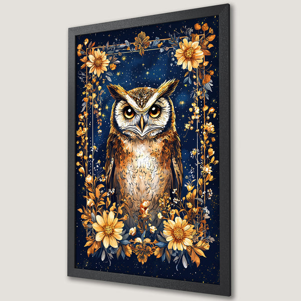 Framed Poster featuring an owl, floral design, and a dark blue and gold color palette. Perfect wall art!