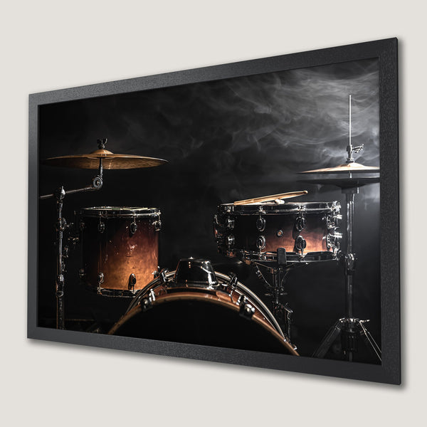 Framed Poster featuring a drum set, dramatic style, with a dark, smoky aesthetic and warm brown tones.