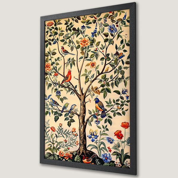 Framed Poster featuring a vintage-style tree with birds and flowers. Warm color palette with pops of red, blue, and green. Perfect wall art.