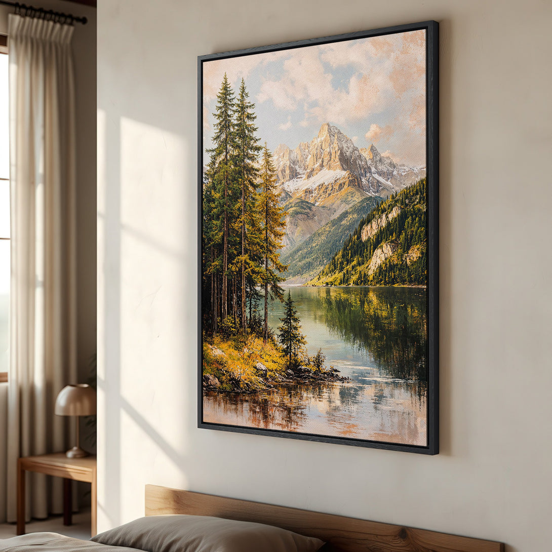 Framed Wall Art: Mountain landscape Canvas Print with warm, earthy tones. Serene artwork for home decor, featuring a lake, trees, and mountains.