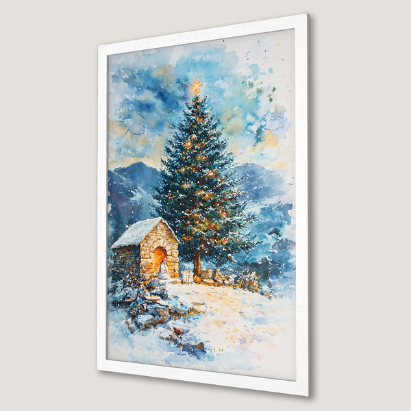 Framed Poster featuring a watercolor Christmas scene with a tree, stone house, and snow. Blue, white, and gold color palette. Perfect holiday decor.