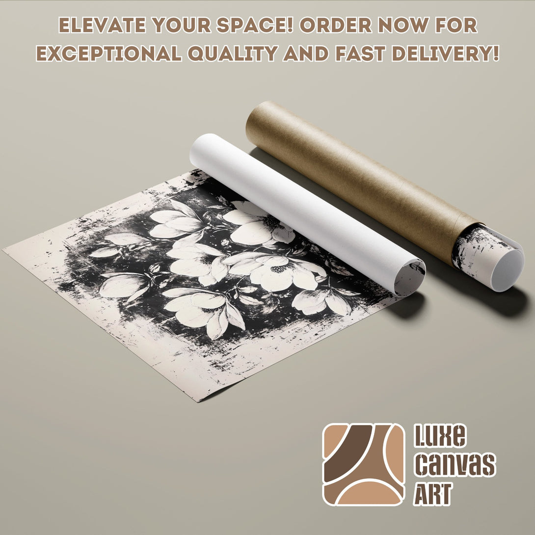 Poster Roll with floral art, black & white, neutral tones. Elevate your space with Luxe Canvas Art!