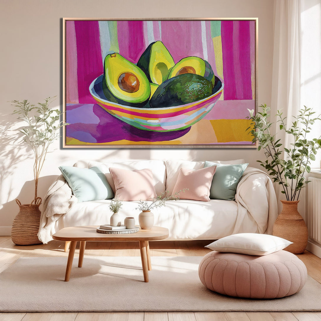 Framed Wall Art: Vibrant avocado painting in a modern style with a pink, green, and yellow color palette. Perfect for adding a pop of color to your home!