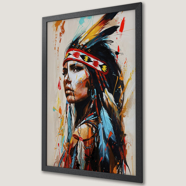 Framed Poster: Native American woman portrait, abstract style, vibrant colors with splashes of red, blue, and yellow. Perfect wall art!